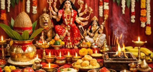 Navratri Puja Samagri List with arranged puja items for home Durga Devi worship
