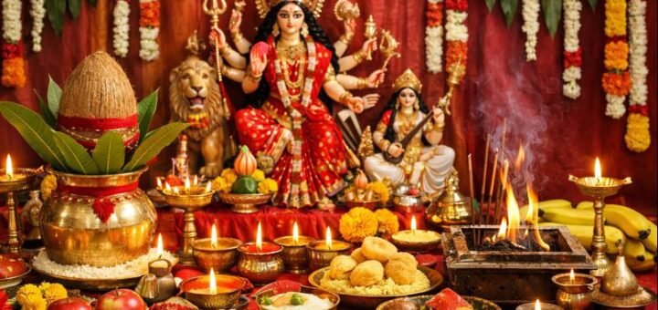Navratri Puja Samagri List with arranged puja items for home Durga Devi worship