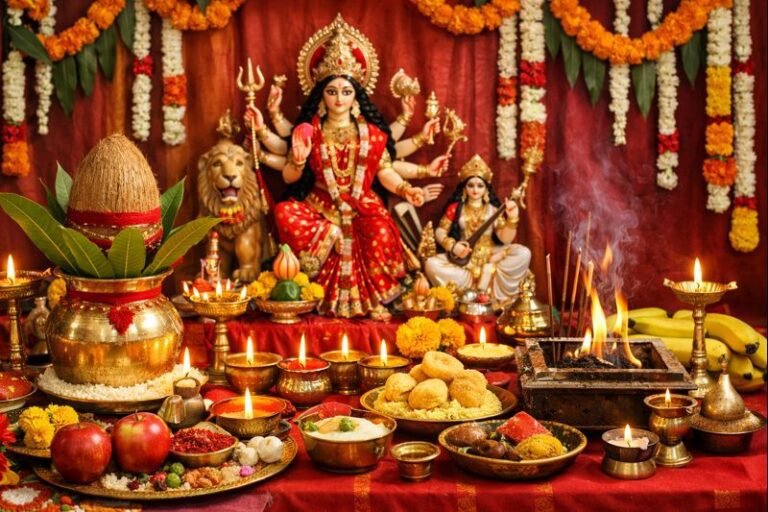 Navratri Puja Samagri List with arranged puja items for home Durga Devi worship