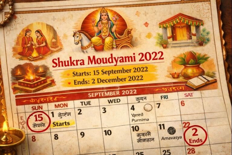 Shukra Moudyami 2022 Date astrology calendar with ceremonial icons