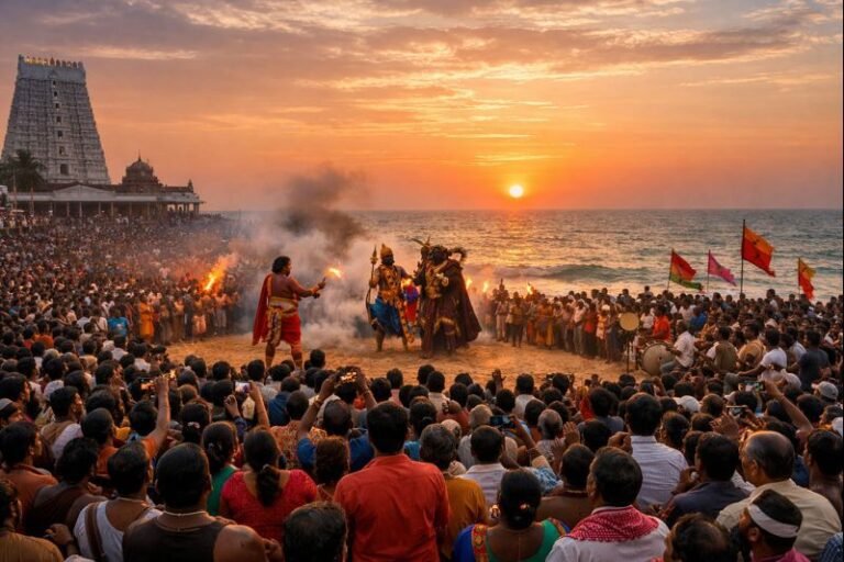 "Tiruchendur Temple Soorasamharam 2022 ceremony and crowd by sea"