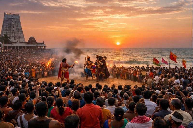 "Tiruchendur Temple Soorasamharam 2022 ceremony and crowd by sea"