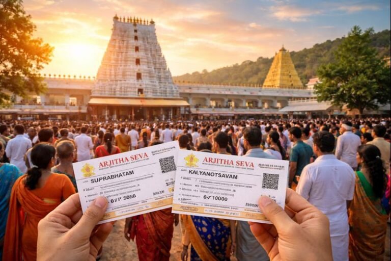 Tirumala Darshan Arjitha Seva tickets and pilgrims at Sri Venkateswara Temple.