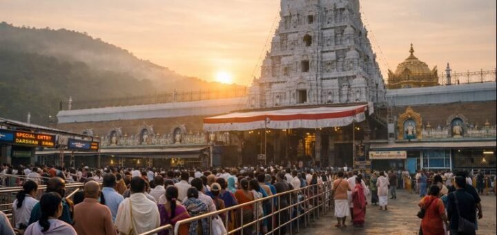 Tirumala Live Darshan Timings at Venkateswara Temple entrance with pilgrims.
