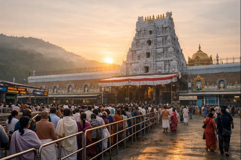 Tirumala Live Darshan Timings at Venkateswara Temple entrance with pilgrims.