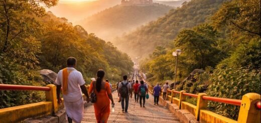 Tirumala Srivari Mettu Walking path at sunrise with pilgrims climbing