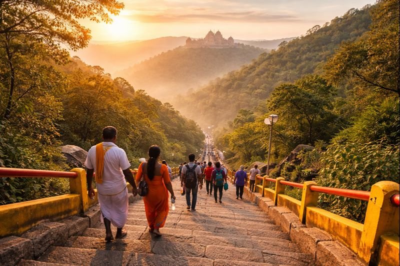 Tirumala Srivari Mettu Walking path at sunrise with pilgrims climbing