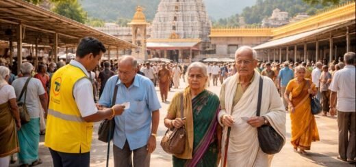 Tirumala Tirupati Senior Citizen visiting darshan area with guide assistance