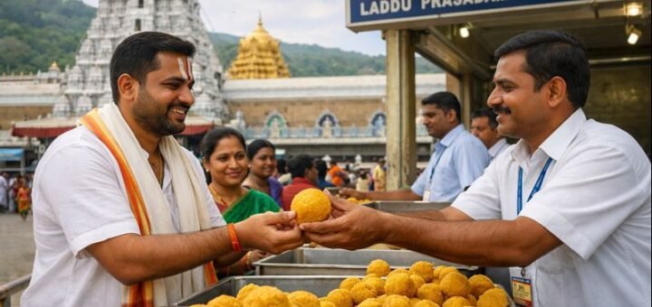 Tirupati Tirumala Ttd Free laddu prasadam being collected after darshan