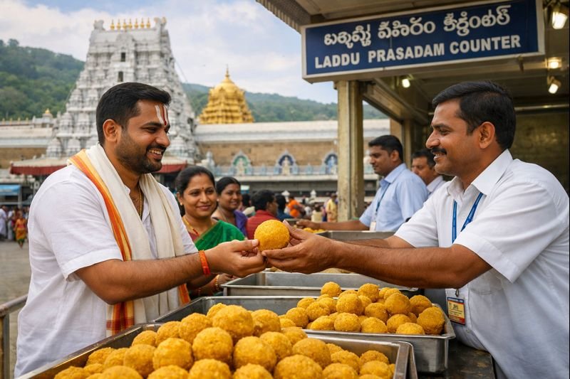Tirupati Tirumala Ttd Free laddu prasadam being collected after darshan
