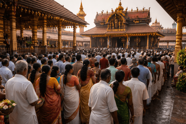 Guruvayur Temple Darshan Online Booking Pooja Seva Today scene at temple entrance.
