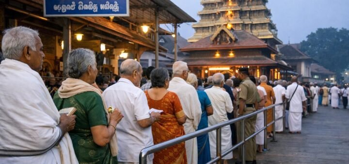 Senior Citizens Darshan Guruvayur pilgrims at temple entrance