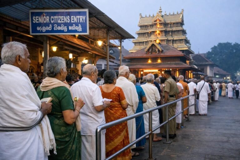 Senior Citizens Darshan Guruvayur pilgrims at temple entrance