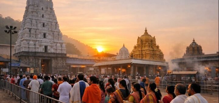 Srisailam Temple Daily Seva schedule and darshan crowd at sunrise.