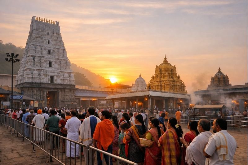 Srisailam Temple Daily Seva schedule and darshan crowd at sunrise.