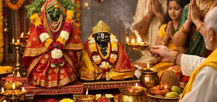 Tulsi Vivah Puja Vidhan ceremony setup with samagri and rituals