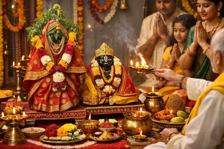 Tulsi Vivah Puja Vidhan ceremony setup with samagri and rituals
