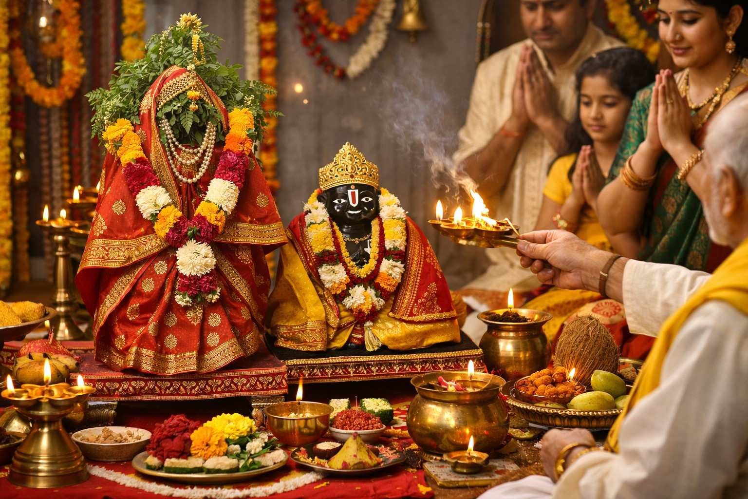 Tulsi Vivah Puja Vidhan ceremony setup with samagri and rituals