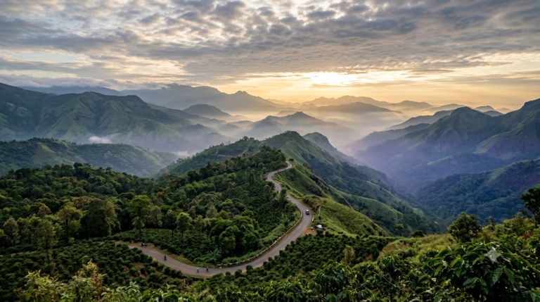Chikmagalur tourist places: misty Western Ghats peaks and coffee plantation slopes at sunrise