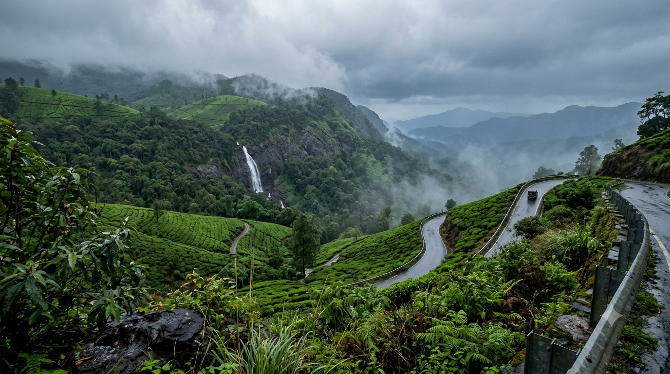 Monsoon destinations South India: misty green Western Ghats hills in the rain