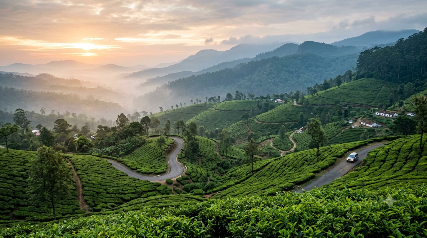 Offbeat hill stations in South India: misty tea-covered Nilgiri slopes at dawn