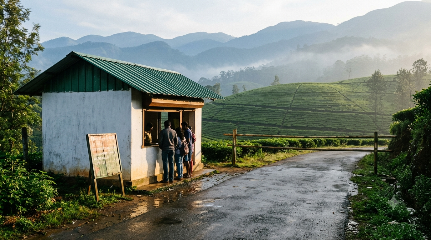 Wayanad travel guide: early-morning visitor queue at a forest ticket counter beside tea estates