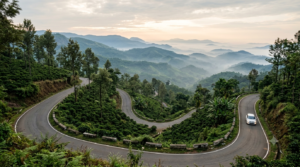 Weekend getaways from Bangalore: a misty Western Ghats ghat road winding through coffee hills at dawn