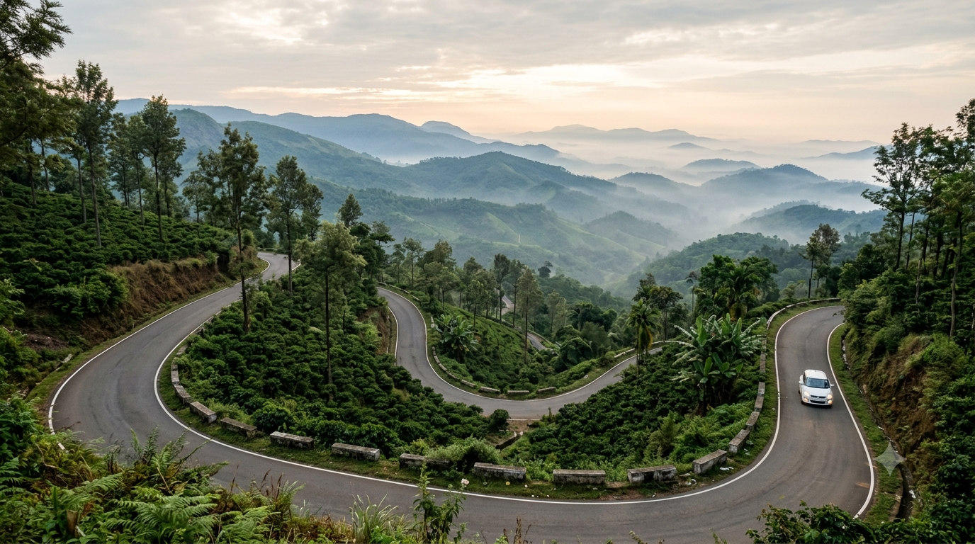 Weekend getaways from Bangalore: a misty Western Ghats ghat road winding through coffee hills at dawn