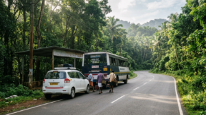 Kochi airport to Pamba travel with taxi and pilgrim bus near a Kerala forest transfer point