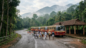Nilakkal to Pamba bus travel with pilgrim shuttle buses at a forested Kerala transport base camp