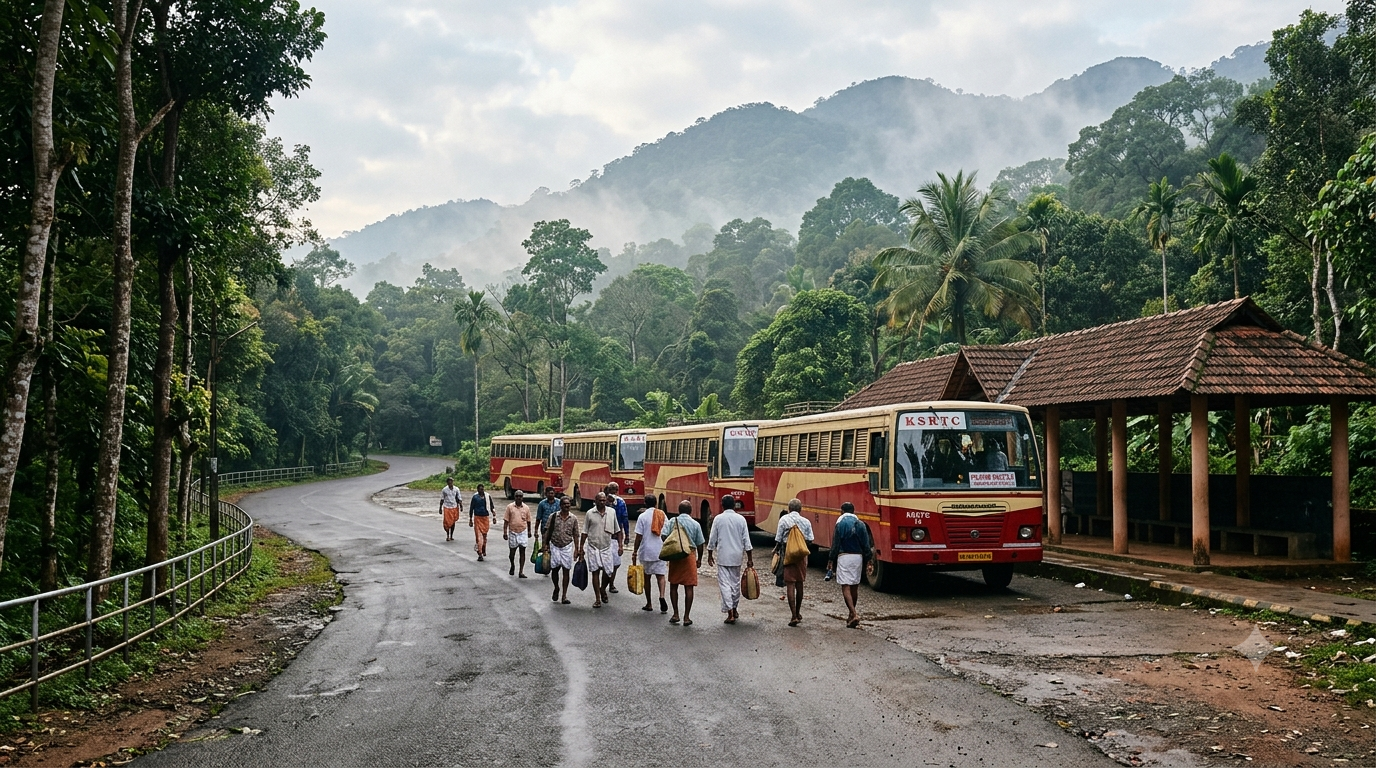 Nilakkal to Pamba bus travel with pilgrim shuttle buses at a forested Kerala transport base camp